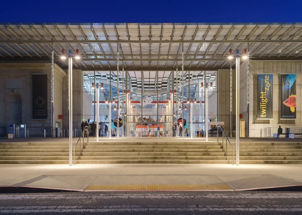 Entrance of the California Academy of Sciences at dusk