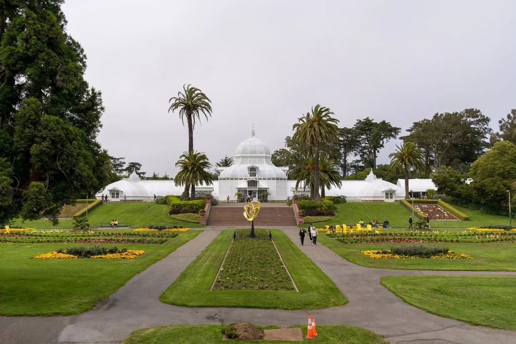 Conservatory of Flowers and its gardens in Golden Gate Park
