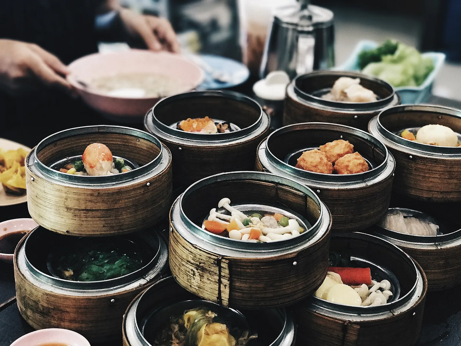 Steamer baskets of dim sum on a table