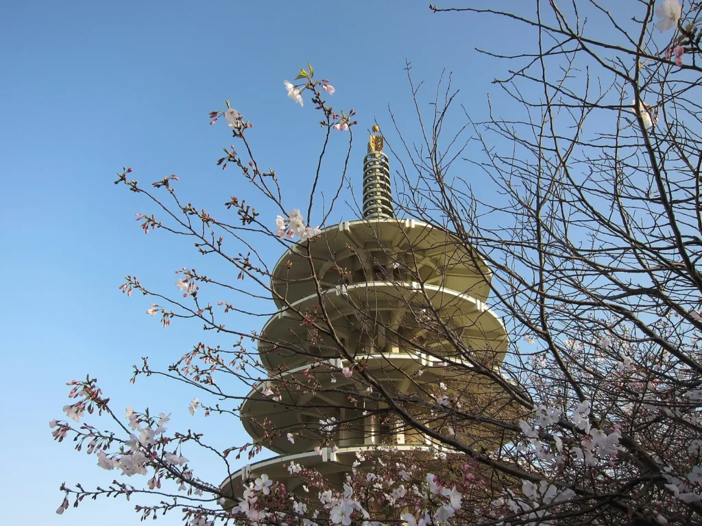 Five-tiered Peace Pagoda in Japantown with cherry blossoms