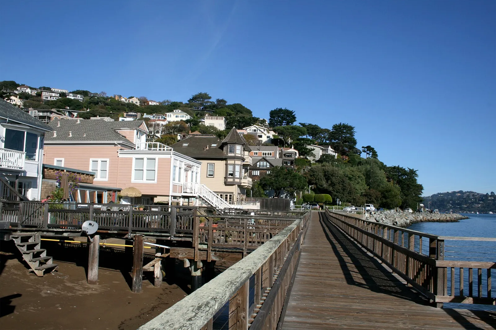 Boardwalk and hillside homes on the Sausalito waterfront