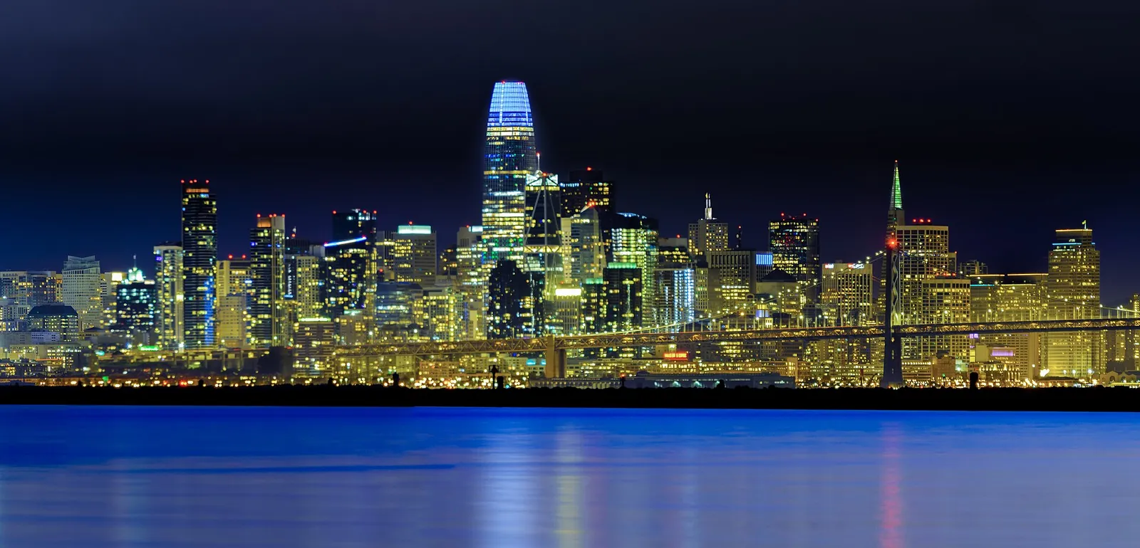 San Francisco skyline lit up at night across the bay