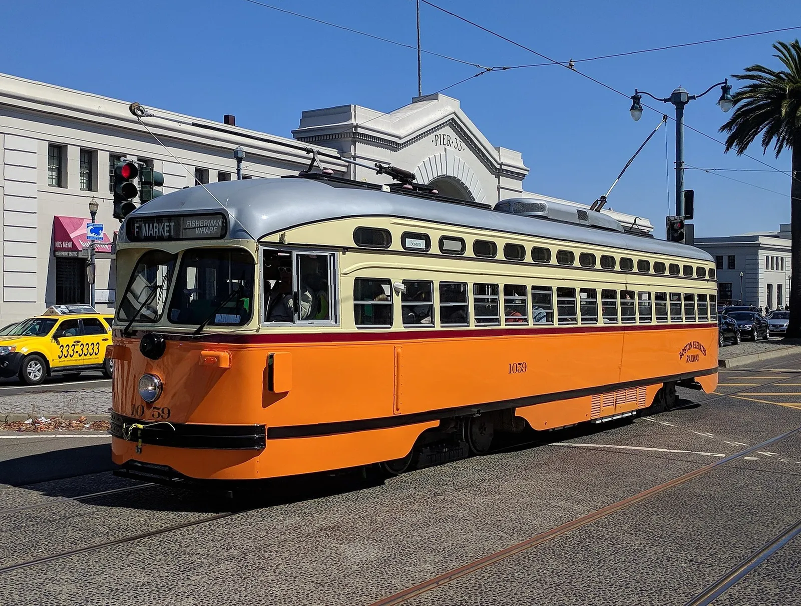 Vintage F Market and Wharves streetcar on the Embarcadero