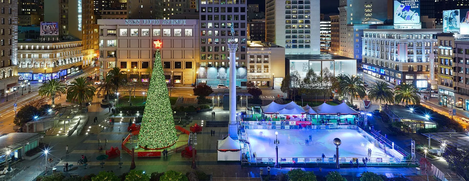 Union Square plaza with its holiday tree and ice rink